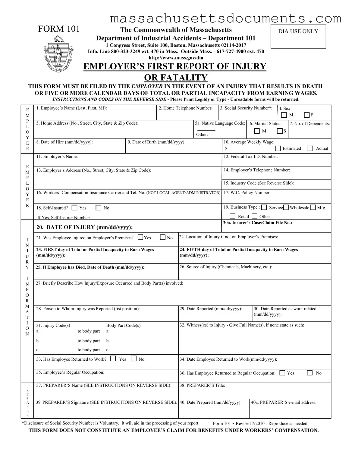 Blank 101 Massachusetts Form