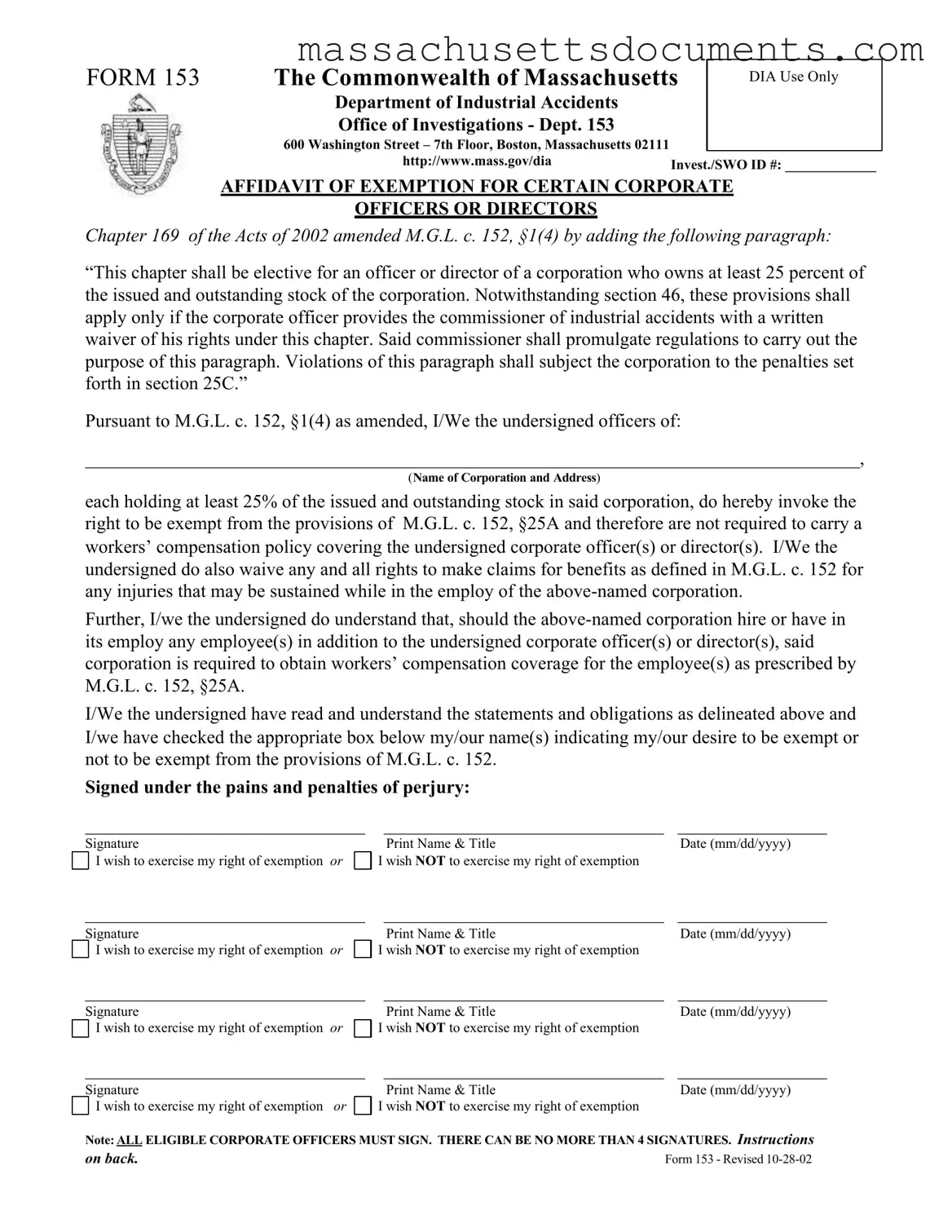 Blank 153 Massachusetts Form