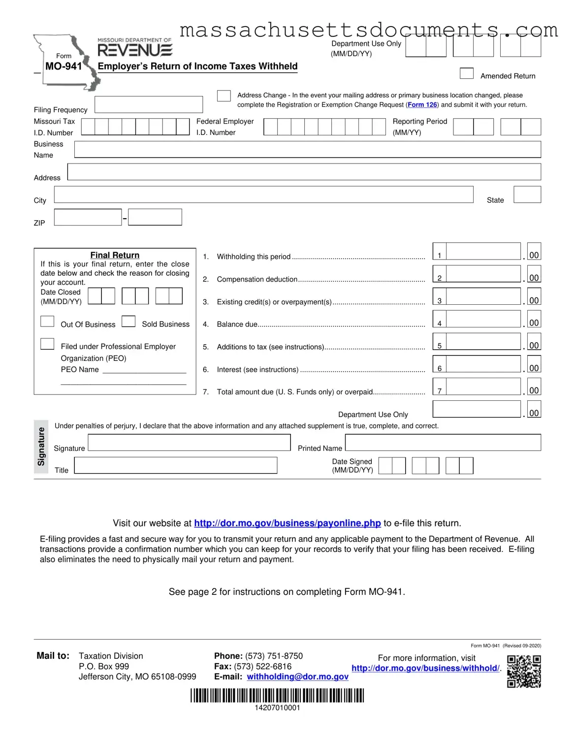 Blank 941 Massachusetts Form