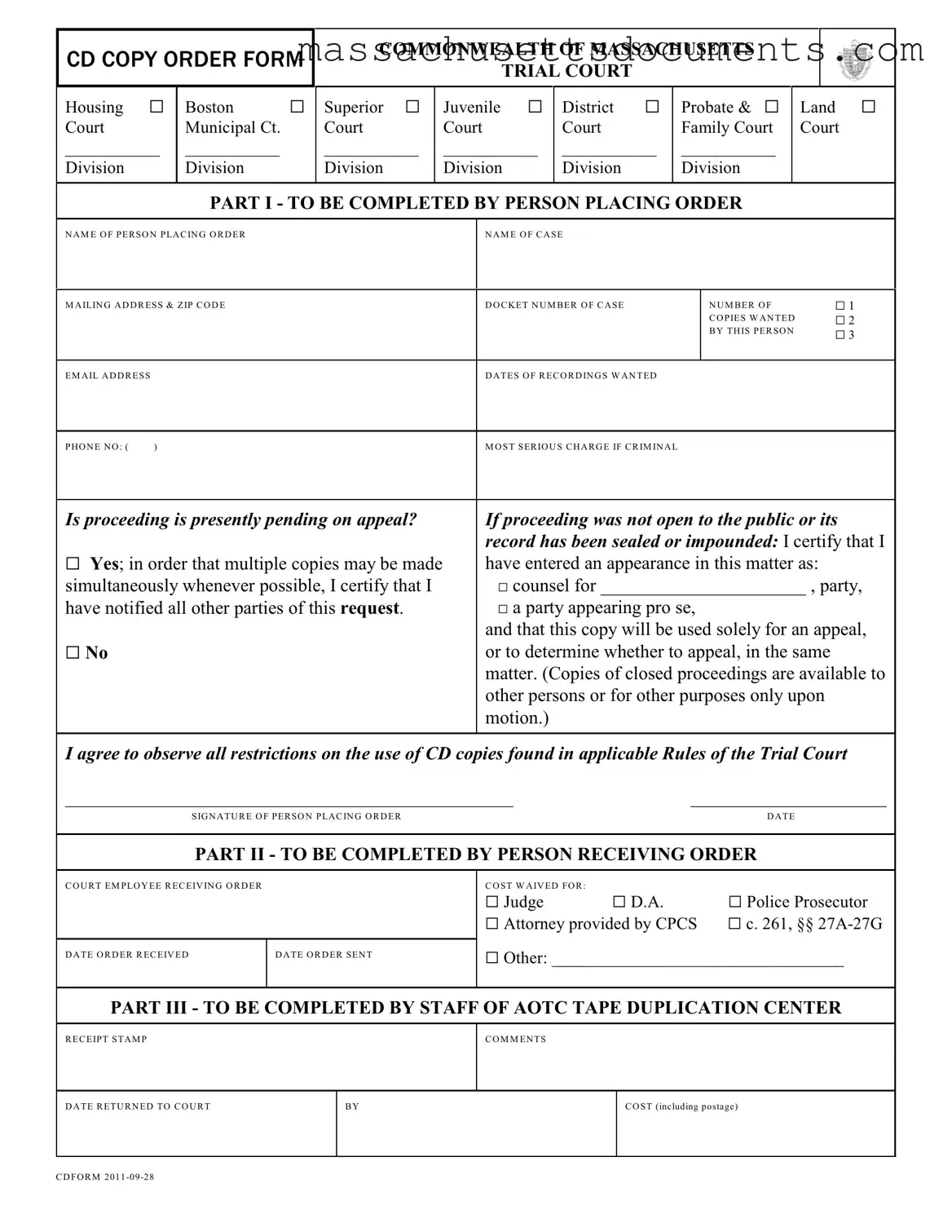 Blank Cd Copy Order Massachusetts Form