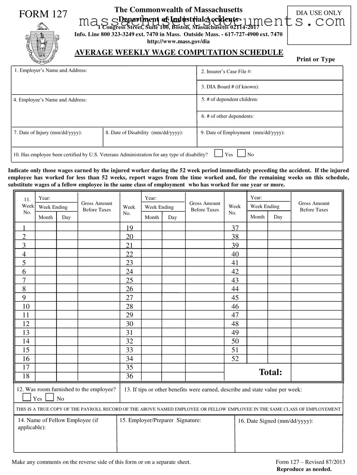 Blank Massachusetts 127 Form