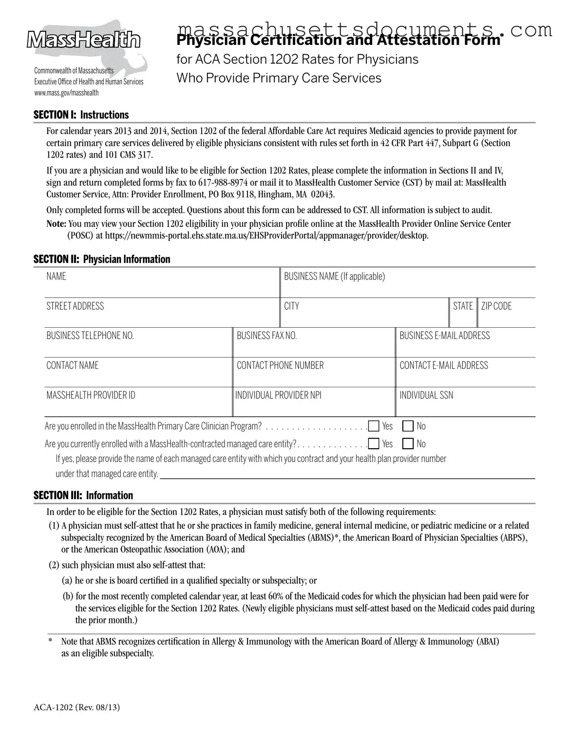 Blank Massachusetts Aca 1202 Form