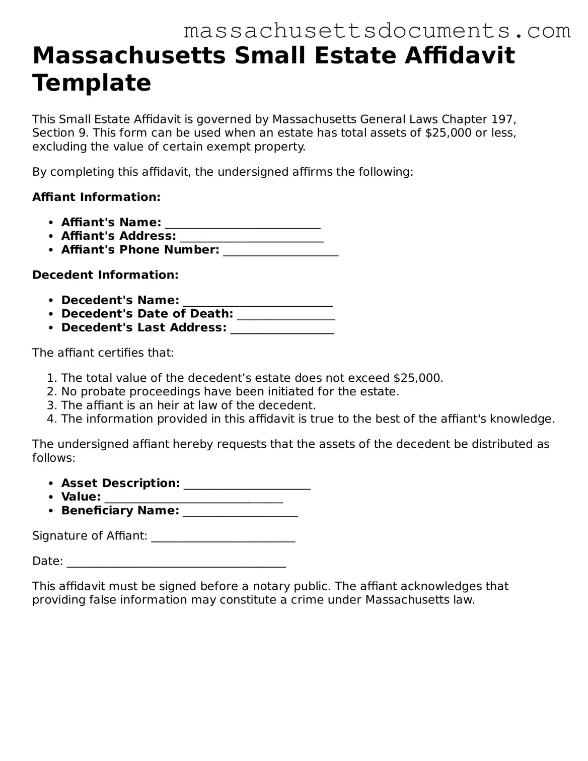 Valid  Small Estate Affidavit Form for Massachusetts