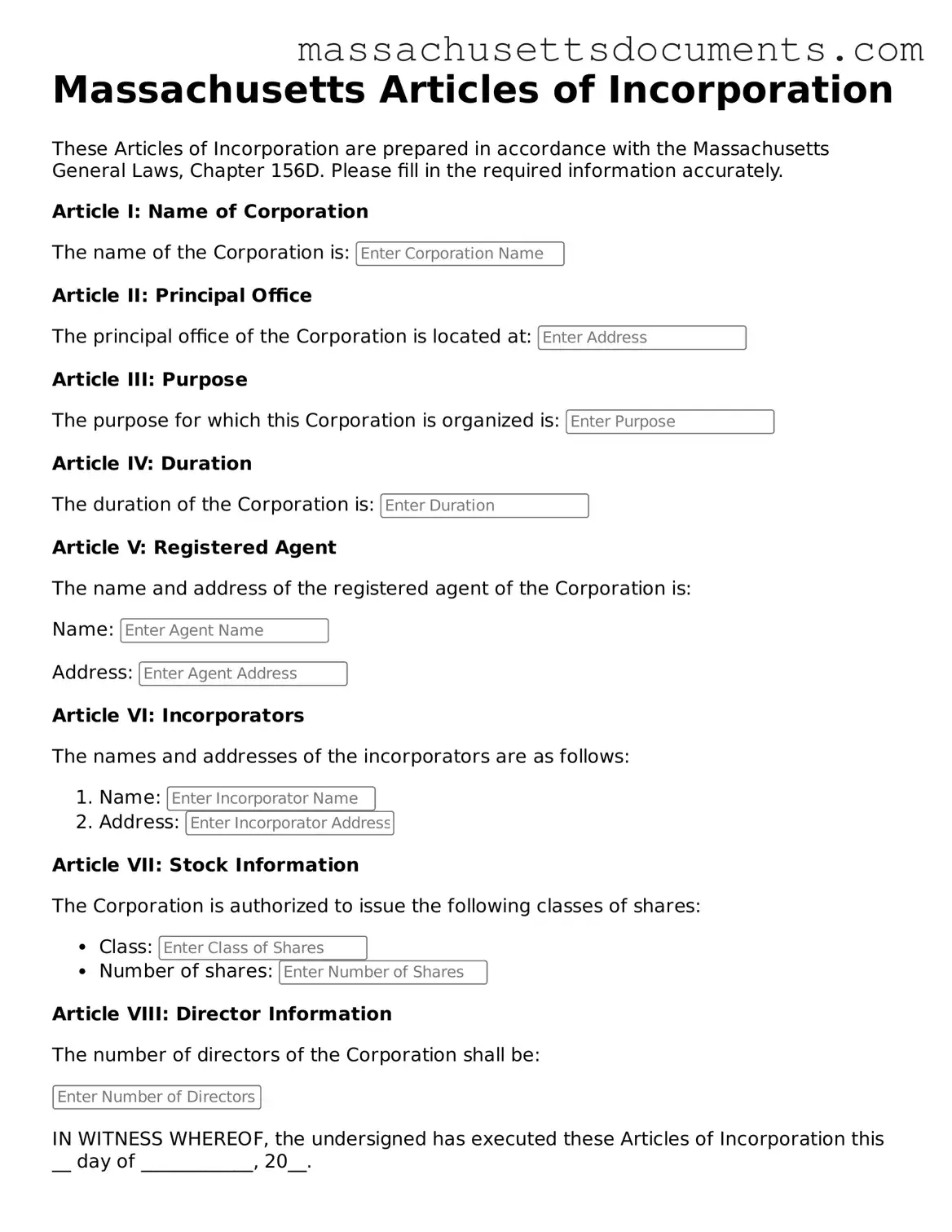 Valid  Articles of Incorporation Form for Massachusetts