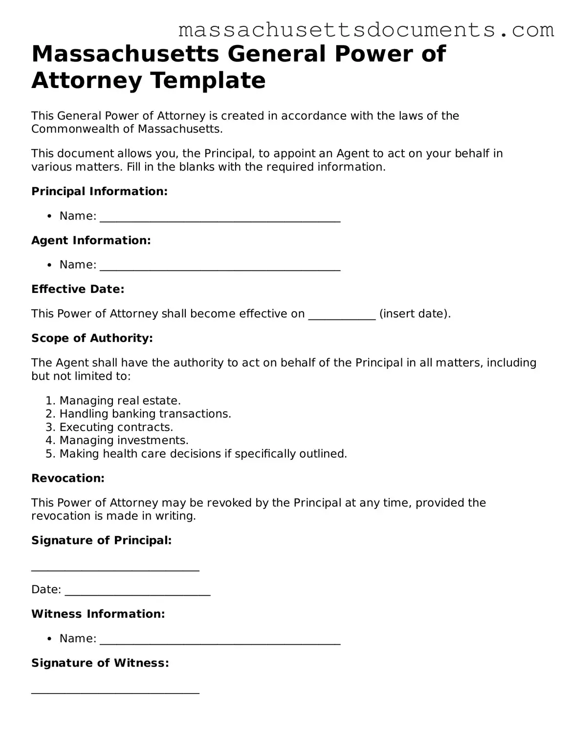 Valid  General Power of Attorney Form for Massachusetts