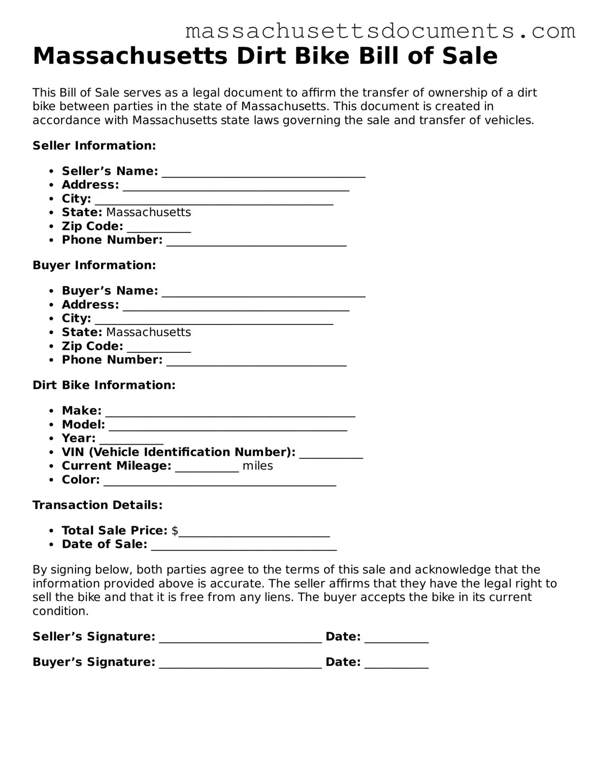 Valid  Dirt Bike Bill of Sale Form for Massachusetts