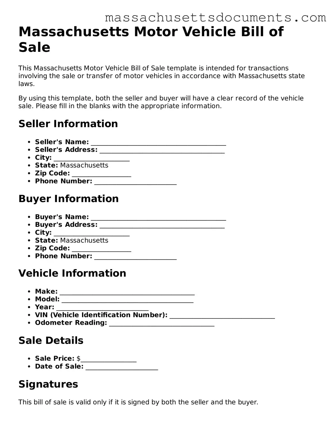 Valid  Motor Vehicle Bill of Sale Form for Massachusetts