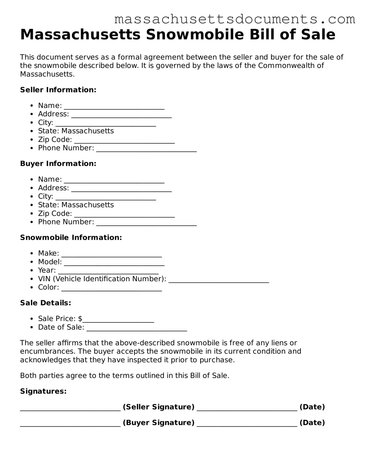 Valid  Snowmobile Bill of Sale Form for Massachusetts