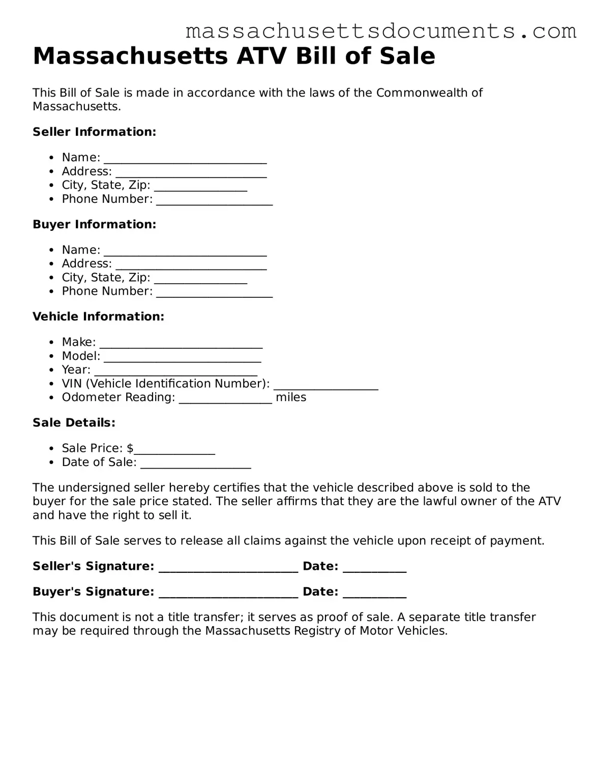 Valid  ATV Bill of Sale Form for Massachusetts