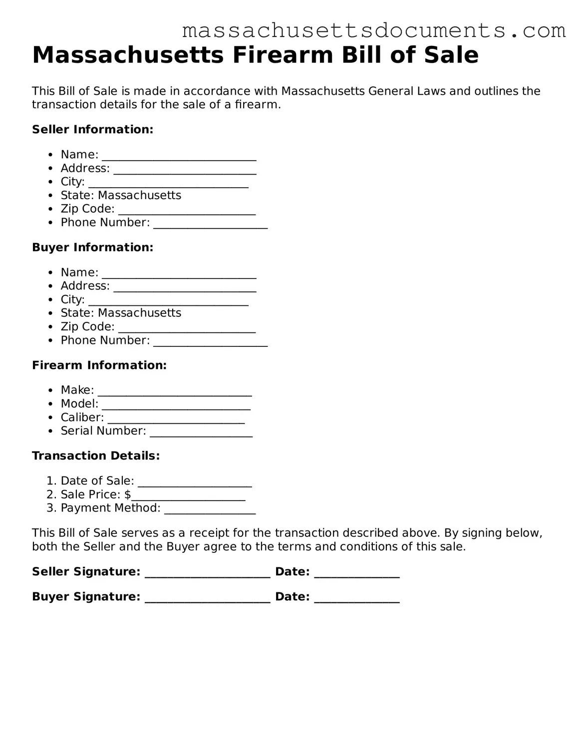 Valid  Firearm Bill of Sale Form for Massachusetts
