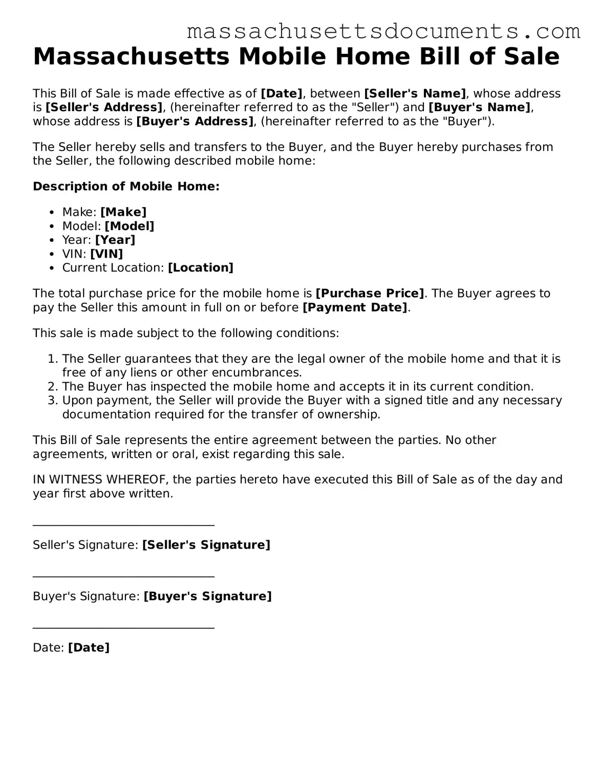 Valid  Mobile Home Bill of Sale Form for Massachusetts