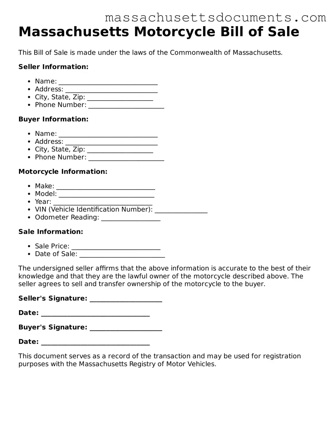 Valid  Motorcycle Bill of Sale Form for Massachusetts