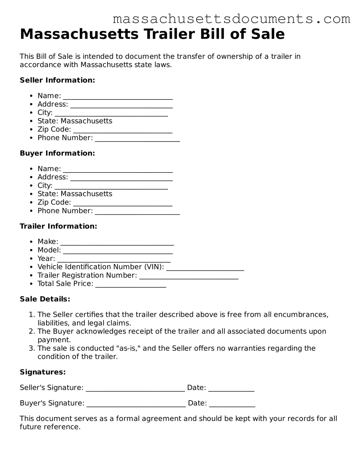 Valid  Trailer Bill of Sale Form for Massachusetts