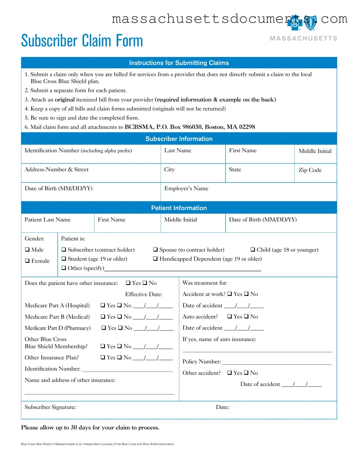 Blank Massachusetts Claim Form