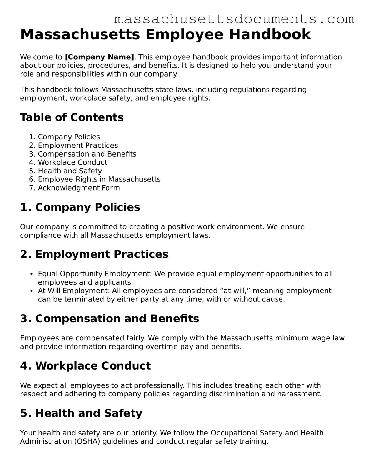 Valid  Employee Handbook Form for Massachusetts