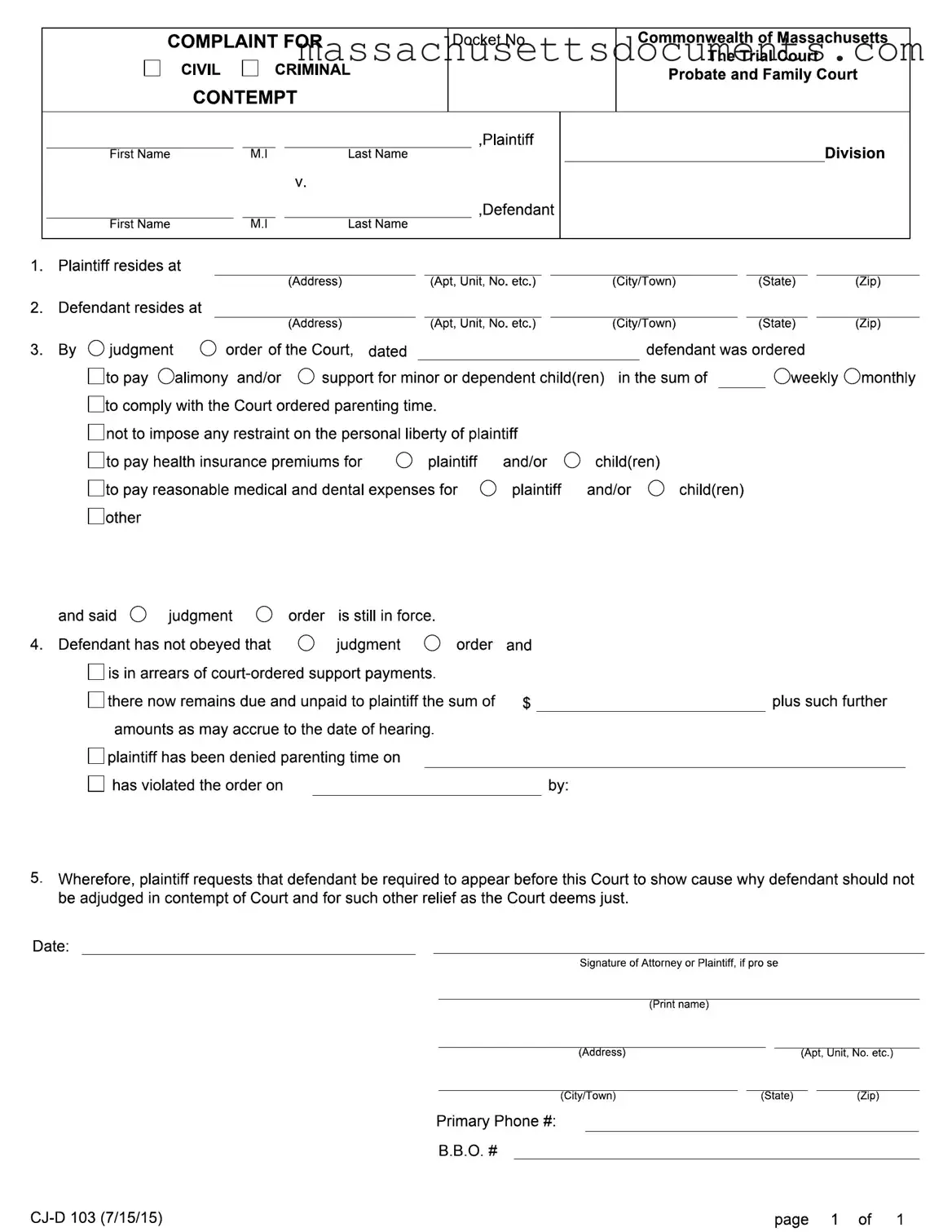 Blank Massachusetts Complaint For Contempt Form