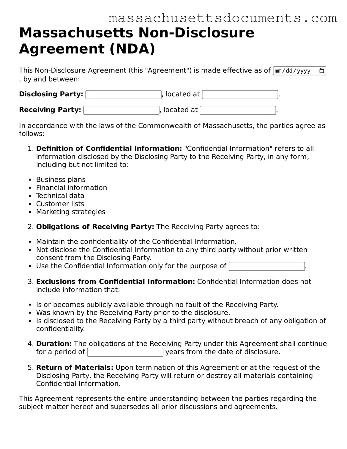 Valid  Non-disclosure Agreement Form for Massachusetts