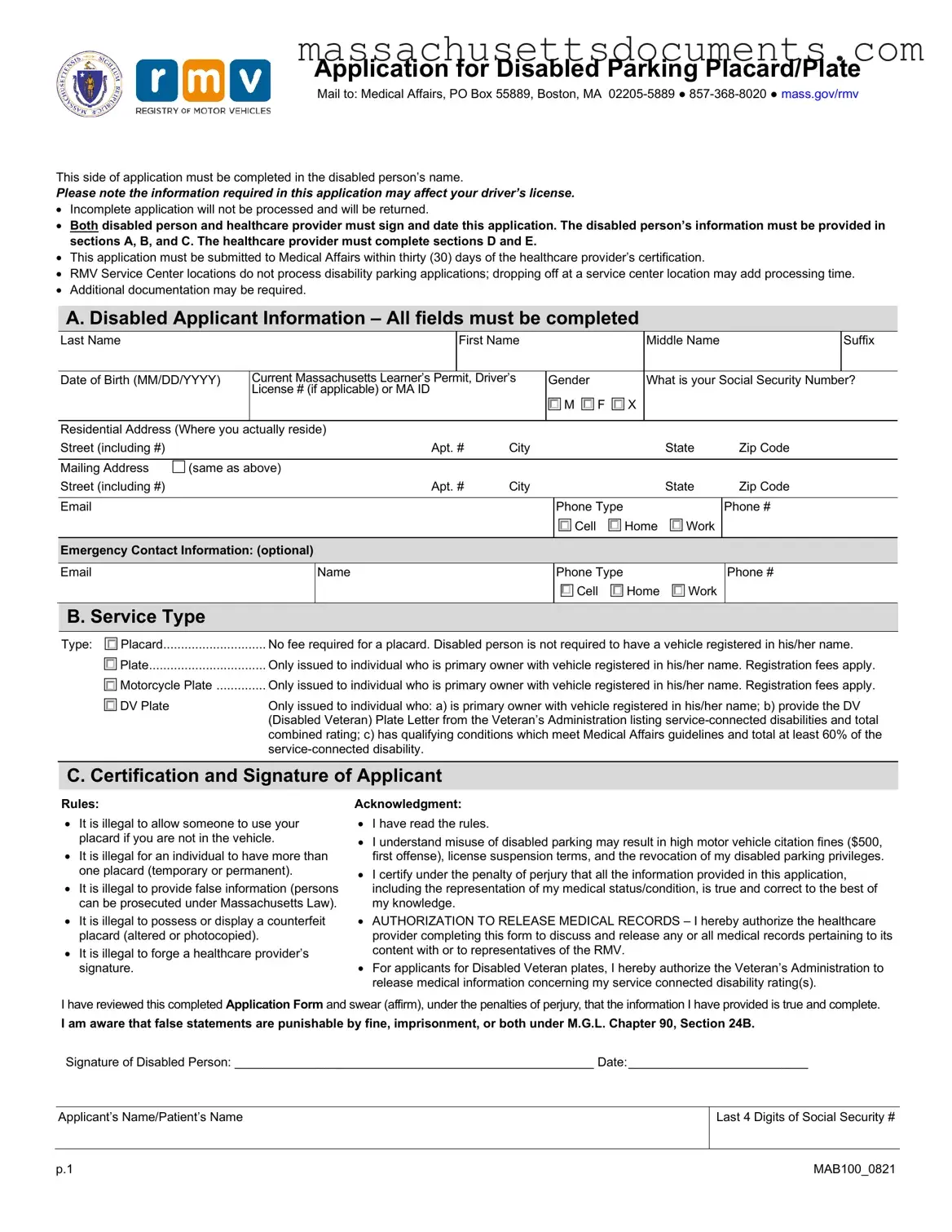Blank Massachusetts Disabled Parking App Form