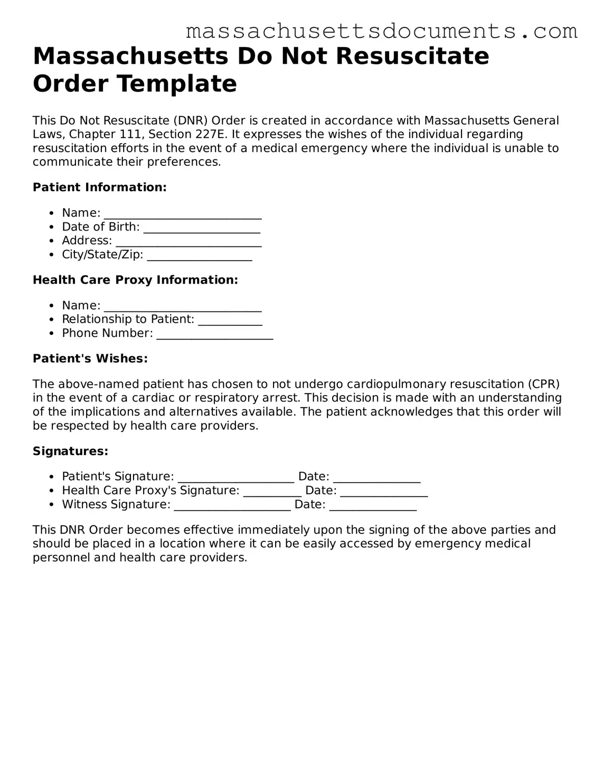 Valid  Do Not Resuscitate Order Form for Massachusetts