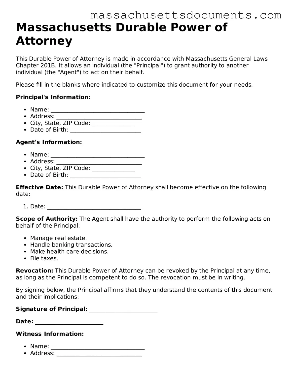 Valid  Durable Power of Attorney Form for Massachusetts