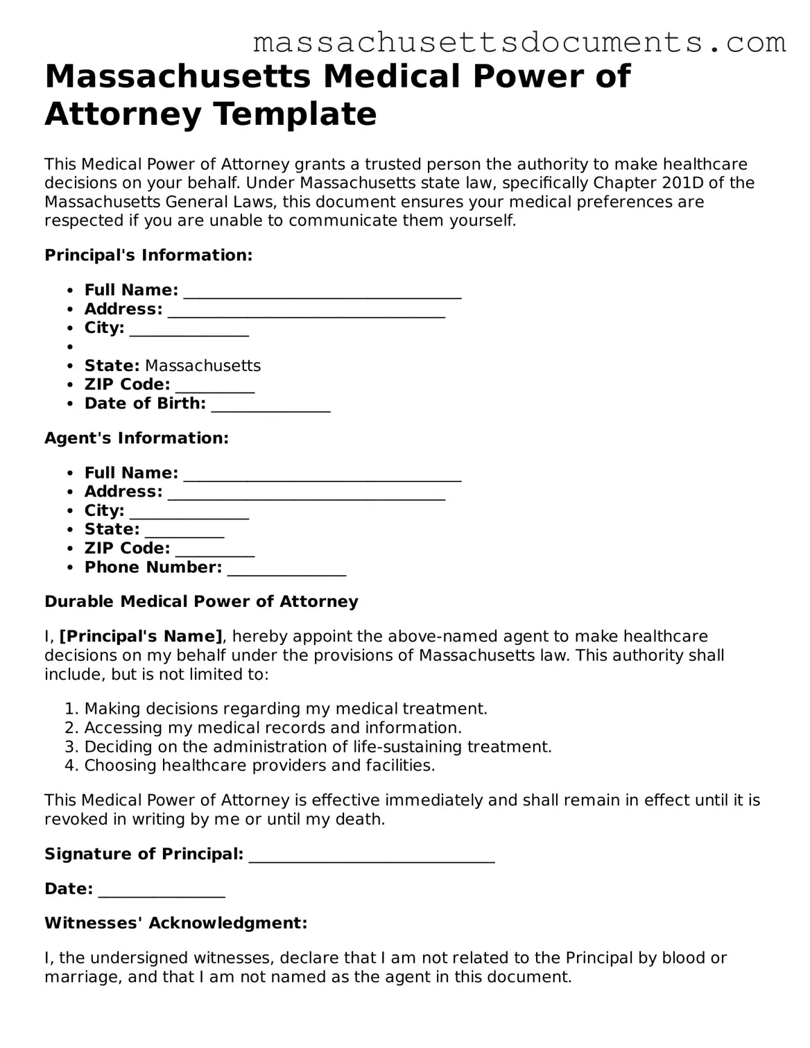 Valid  Medical Power of Attorney Form for Massachusetts
