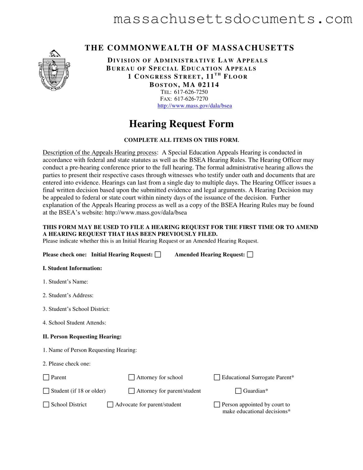 Blank Massachusetts Hearing Request Form