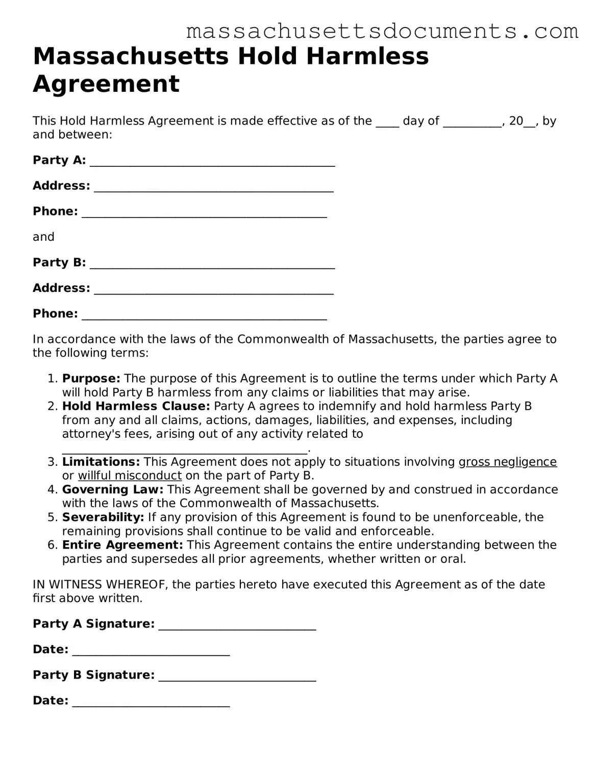 Valid  Hold Harmless Agreement Form for Massachusetts
