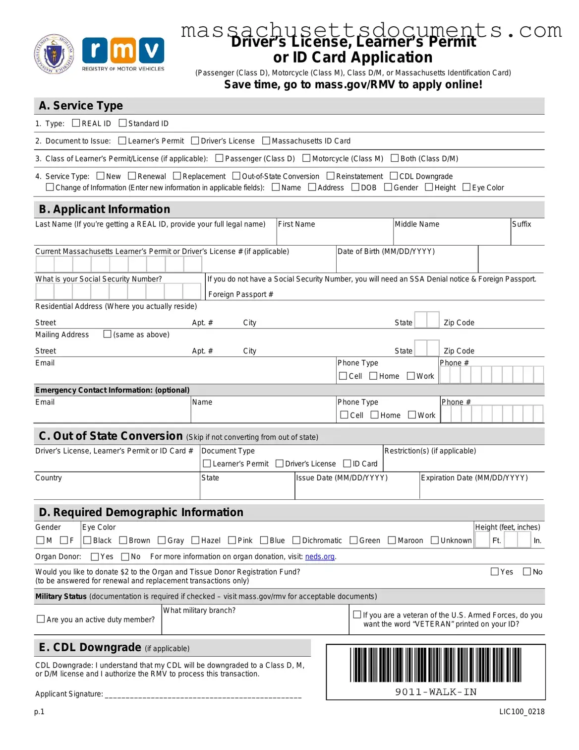 Blank Massachusetts Id Application Form