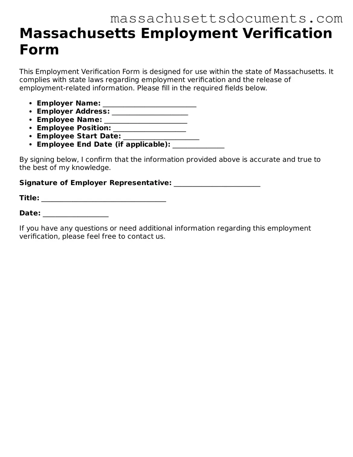 Valid  Employment Verification Form for Massachusetts