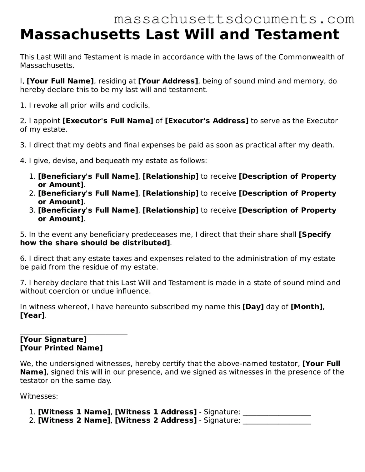 Valid  Last Will and Testament Form for Massachusetts