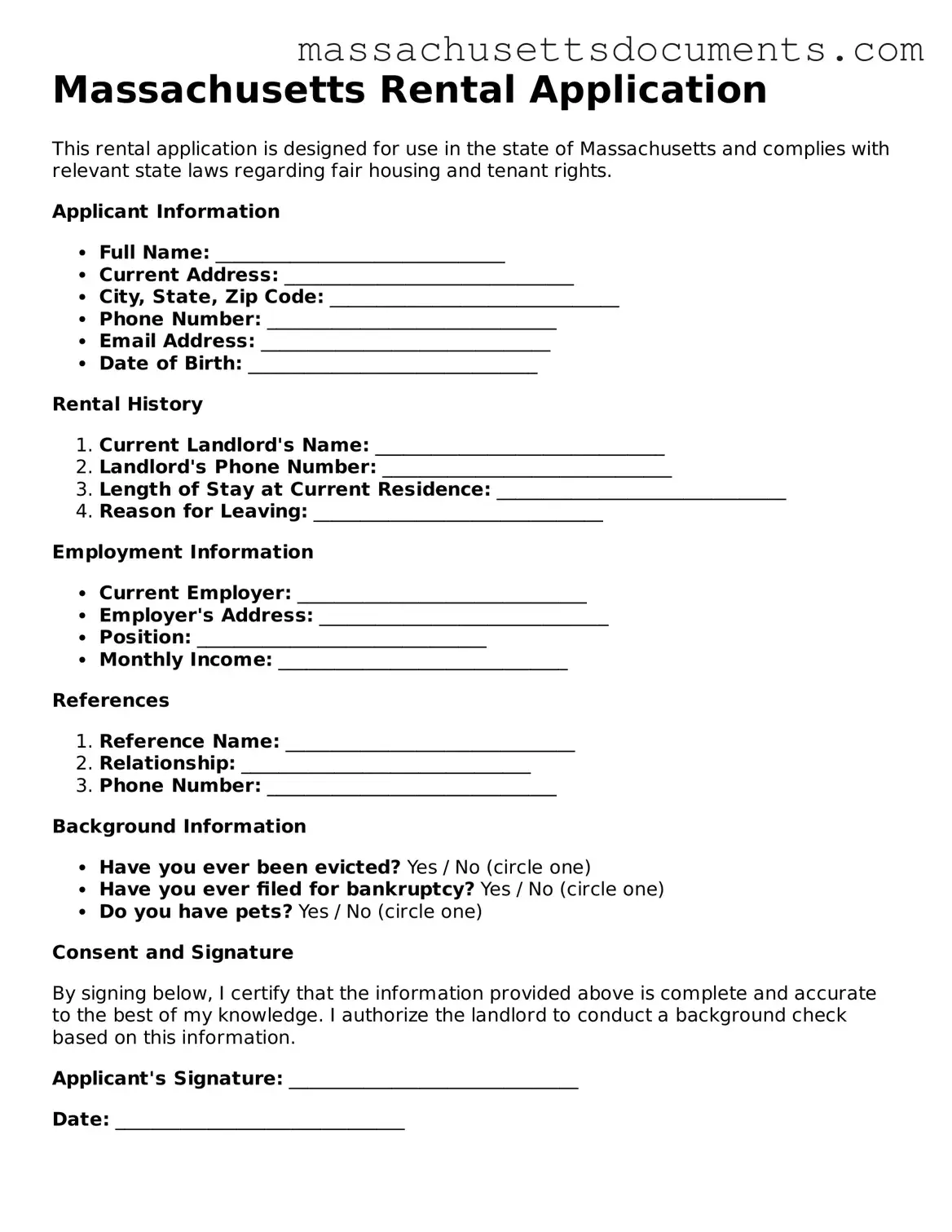 Valid  Rental Application Form for Massachusetts