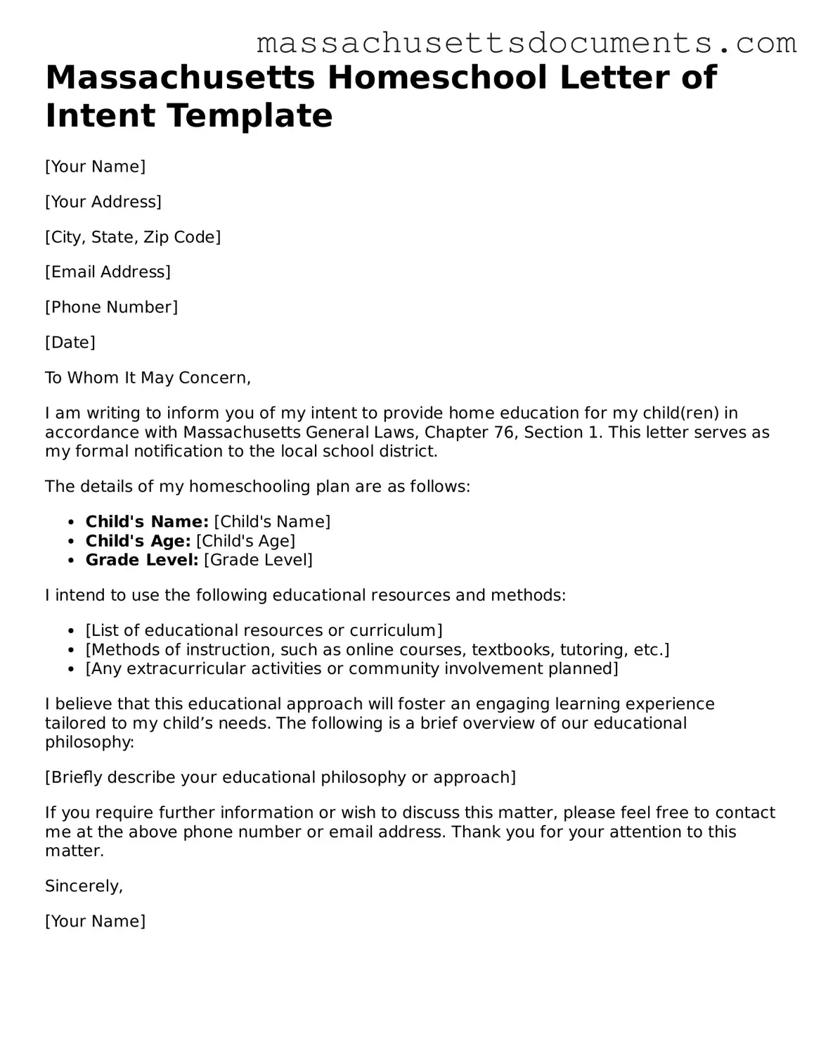 Valid  Homeschool Letter of Intent Form for Massachusetts