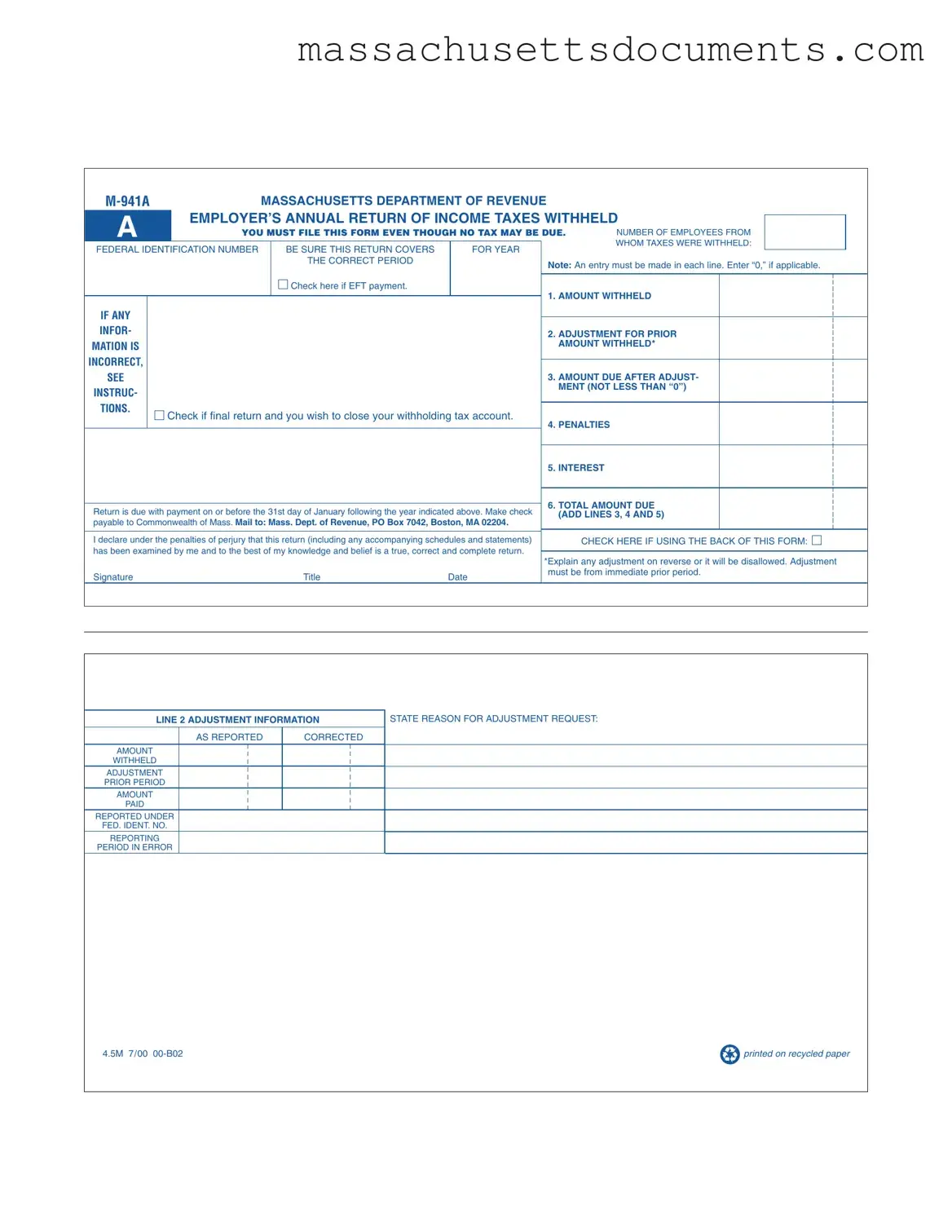 Blank Massachusetts M 941A Form
