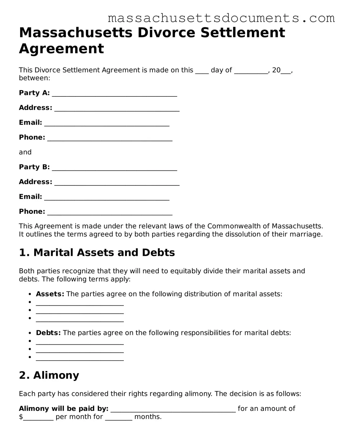 Valid  Divorce Settlement Agreement Form for Massachusetts