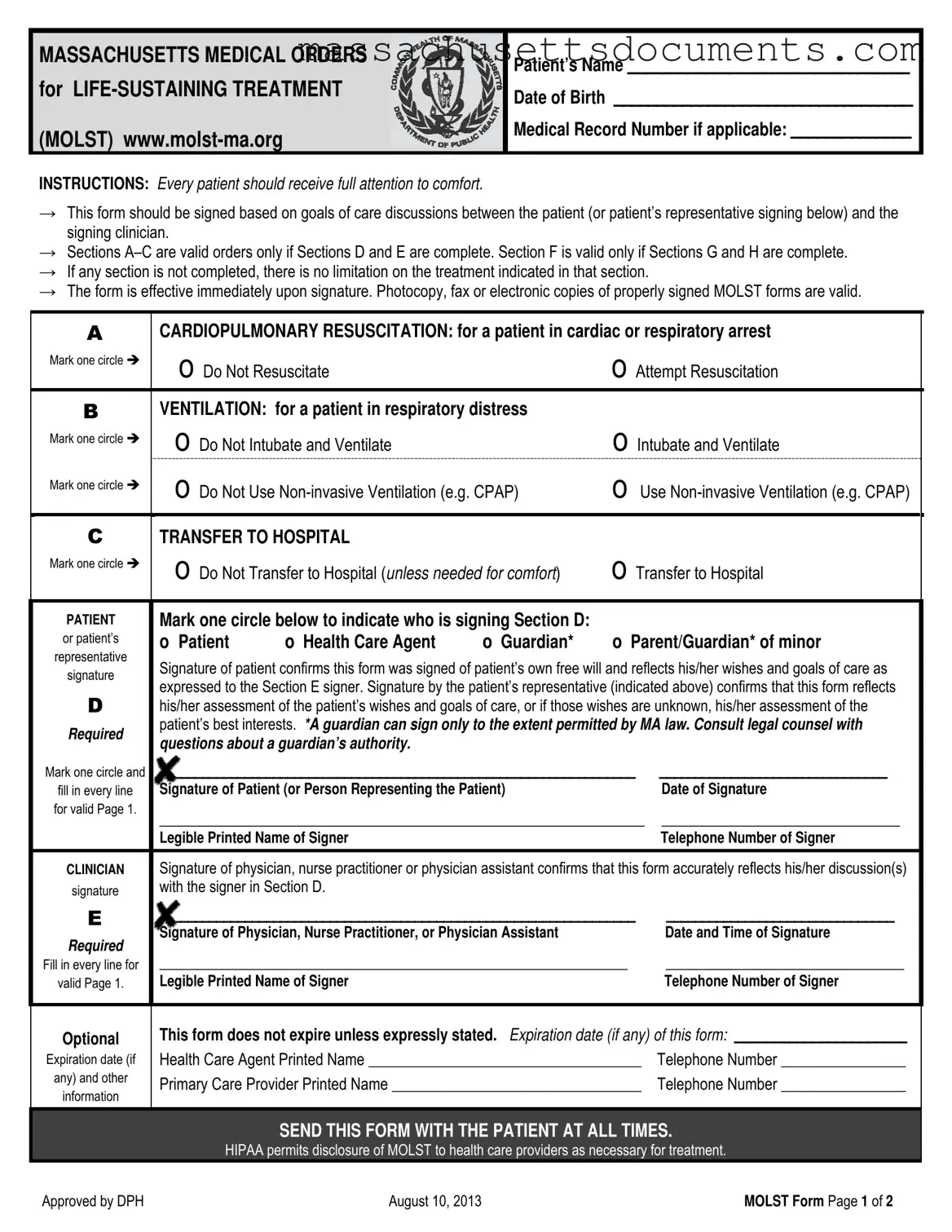 Blank Massachusetts Molst Form