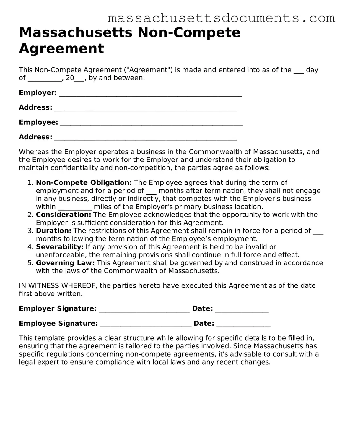Valid  Non-compete Agreement Form for Massachusetts
