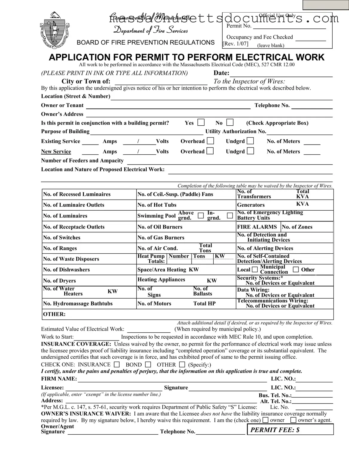 Blank Massachusetts Permit Electrical Form