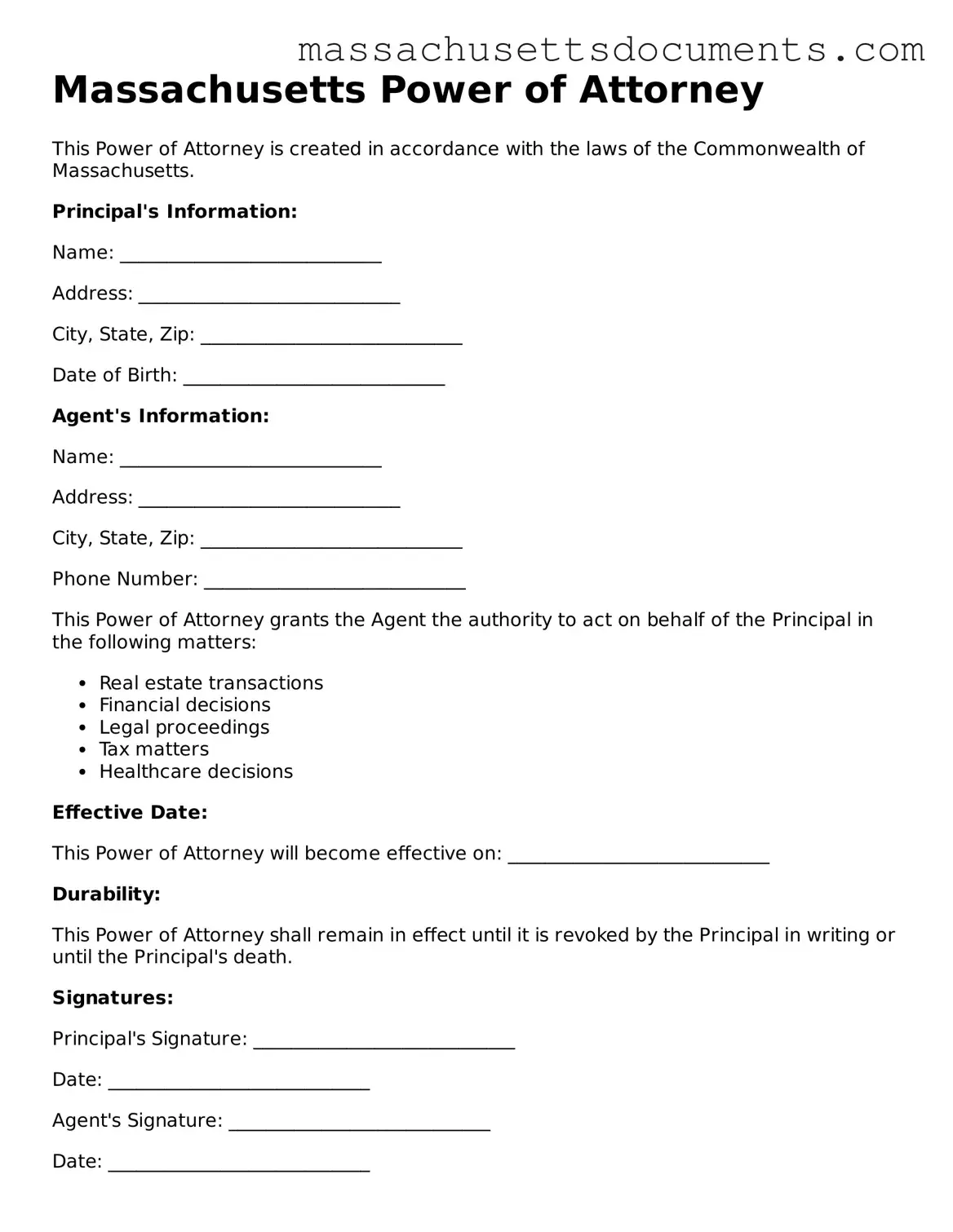 Valid  Power of Attorney Form for Massachusetts