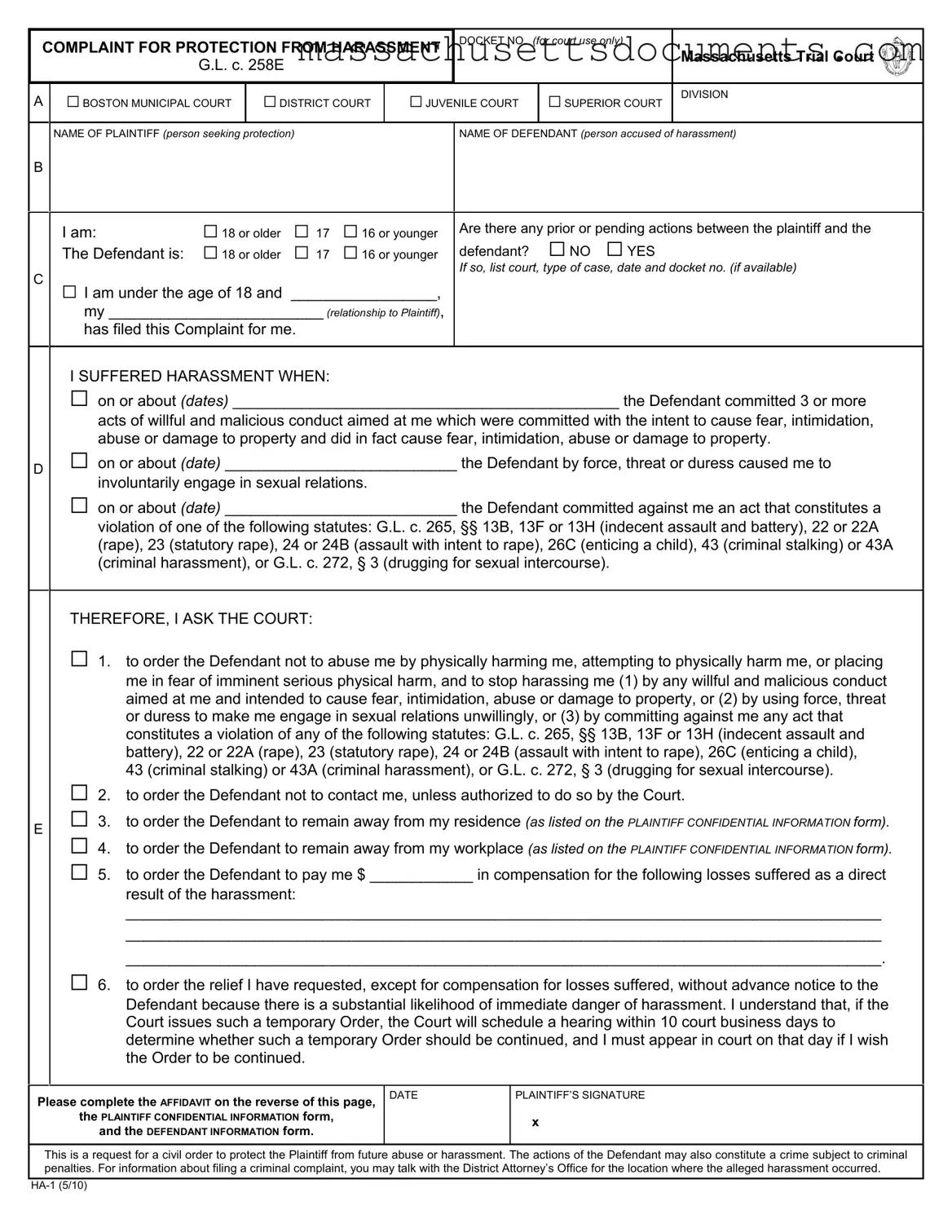 Blank Massachusetts Protection Harassment Form