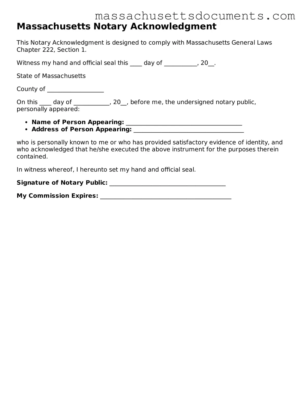 Valid  Notary Acknowledgement Form for Massachusetts