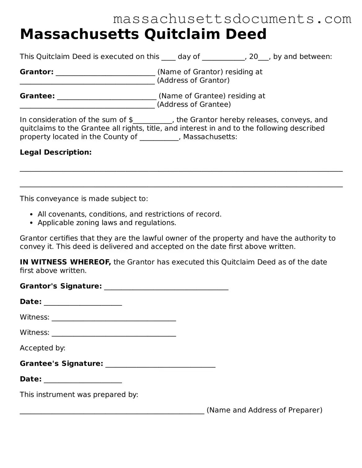 Valid  Quitclaim Deed Form for Massachusetts