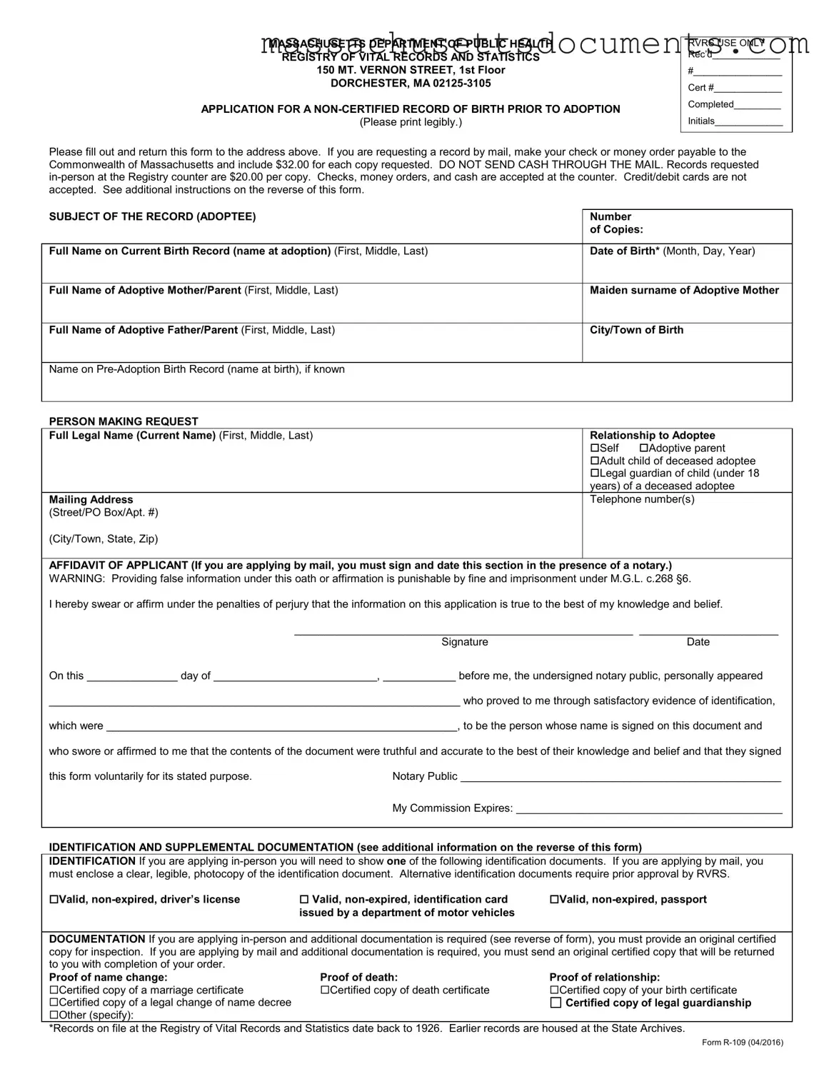 Blank Massachusetts R 109 Form