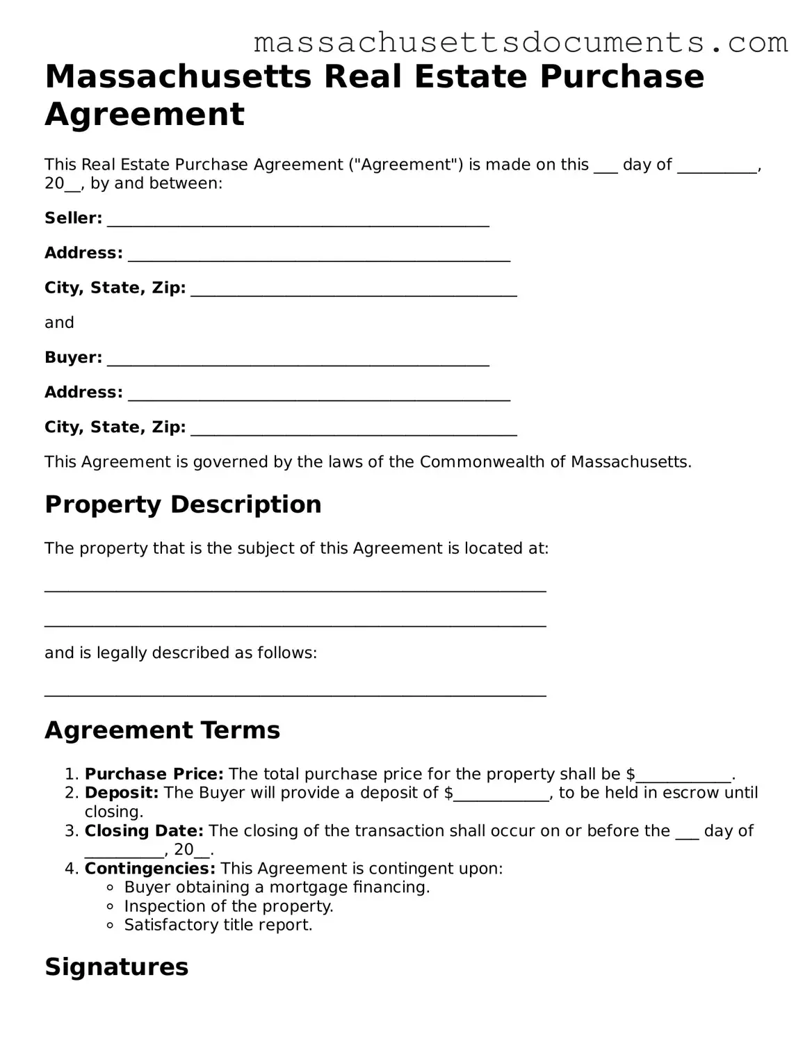 Valid  Real Estate Purchase Agreement Form for Massachusetts