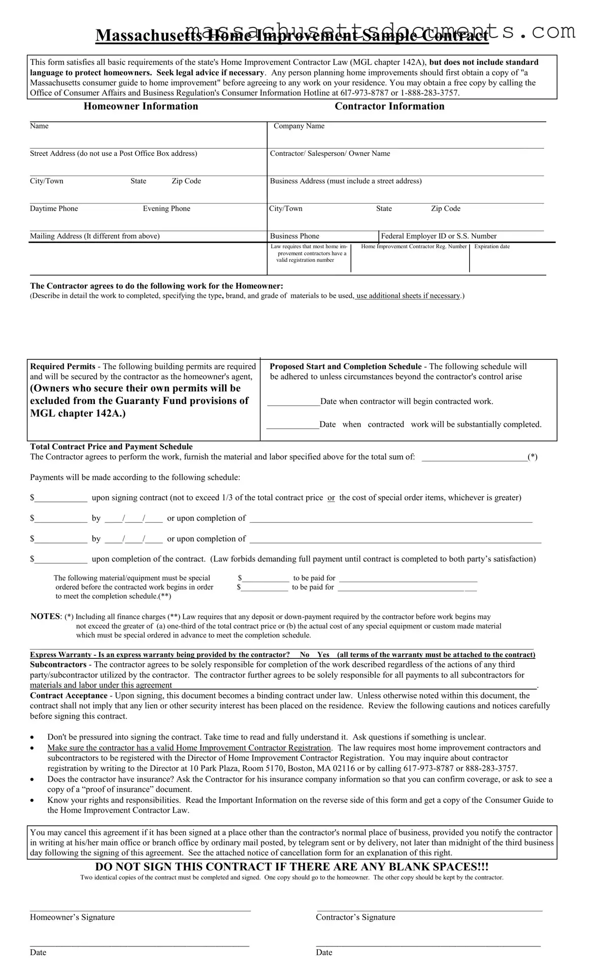 Blank Massachusetts Sample Form