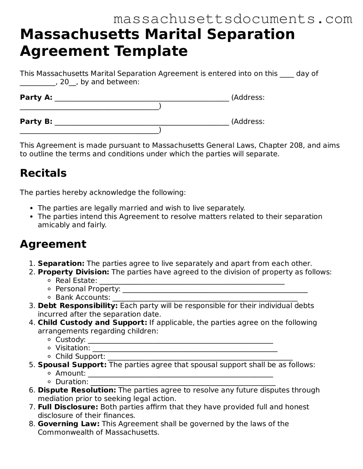 Valid  Marital Separation Agreement Form for Massachusetts
