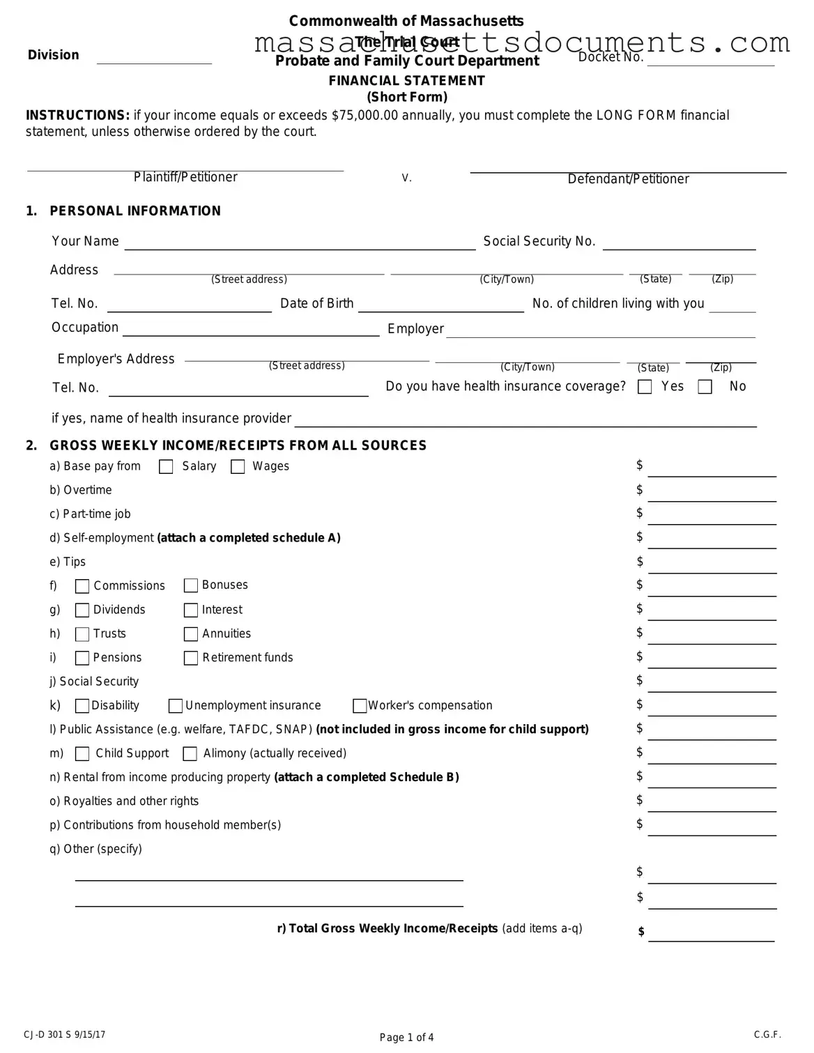 Blank Massachusetts Short Financial Statement Form