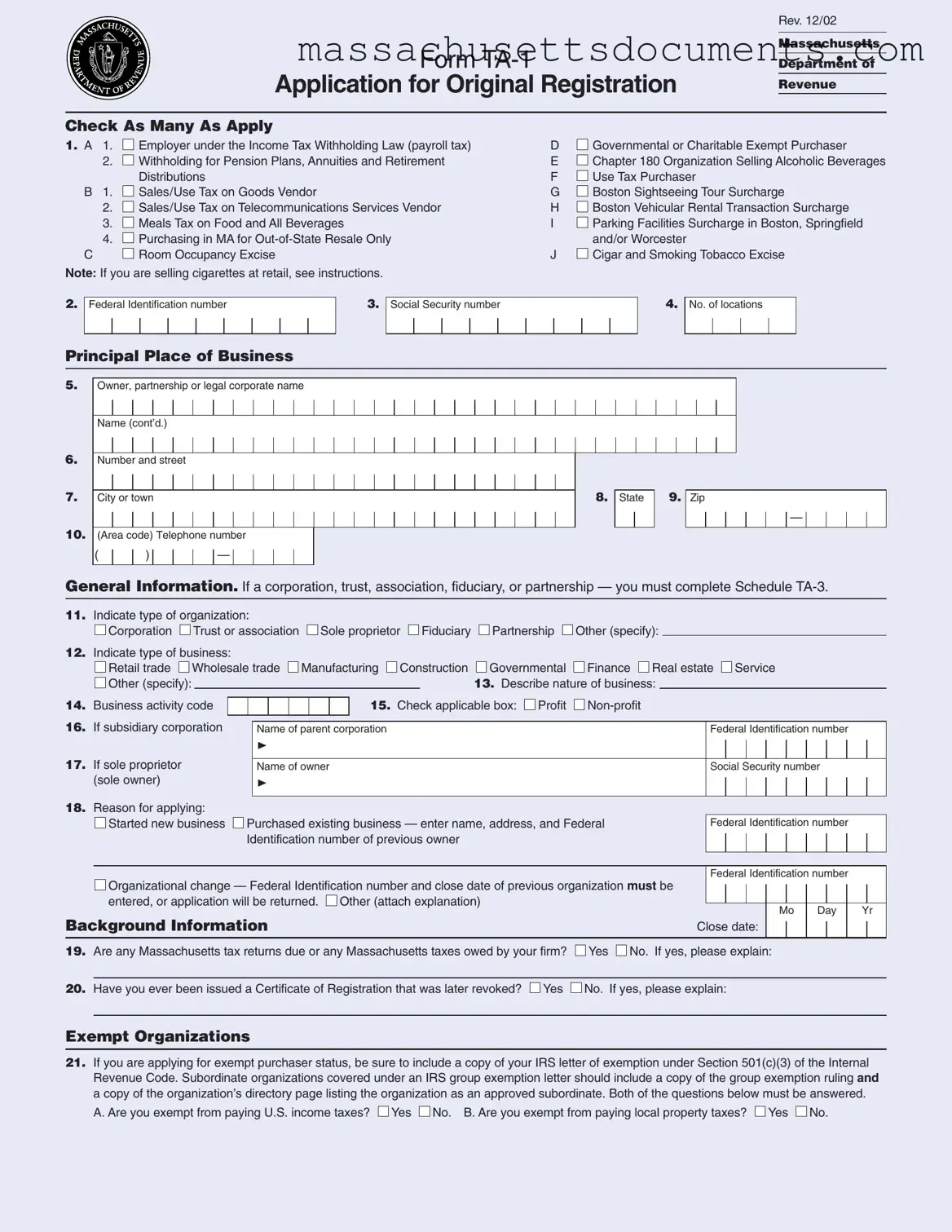 Blank Massachusetts Ta 1 Form