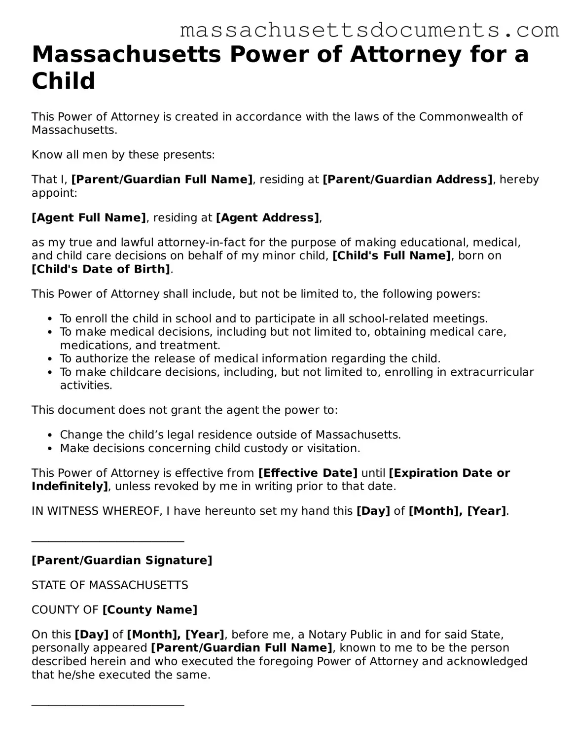 Valid  Power of Attorney for a Child Form for Massachusetts