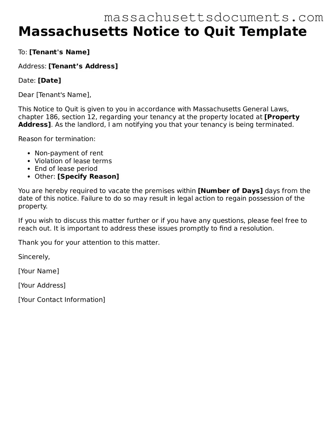 Valid  Notice to Quit Form for Massachusetts