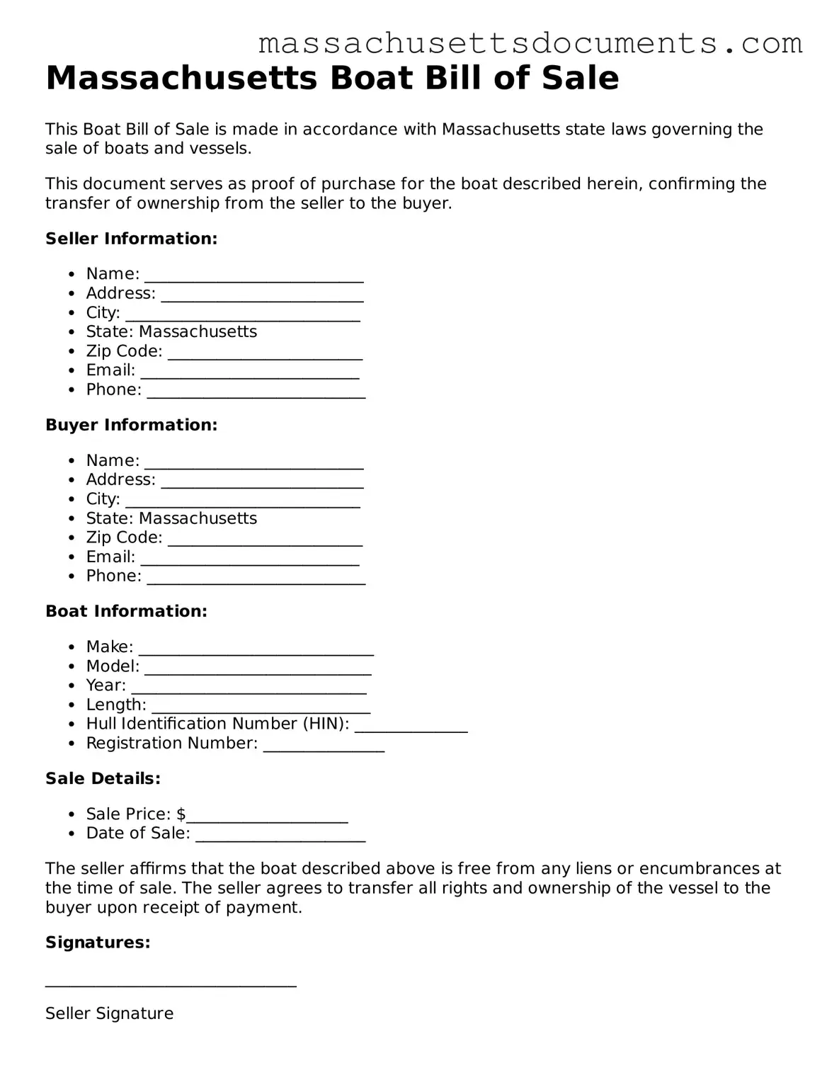 Valid  Boat Bill of Sale Form for Massachusetts